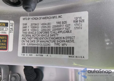 2016 Honda Cr-V Ex z USA, uszkodzony, nr VIN 5J6RM4H5XGL022240